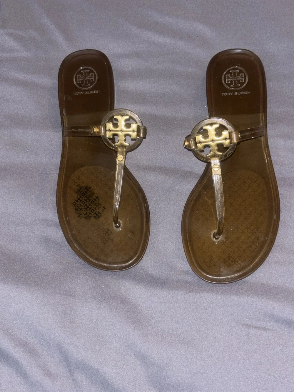Tory Burch Brown Jelly Miller Logo Thong Sandals with Gold Medallion